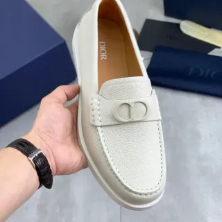 Dior 米色白色 粒面皮革 CD Logo 扣 樂福鞋