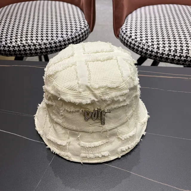 Dior Bege Branco Têxtil Texturizado Desfiado Borda Crua Brim Chapéu de Balde 3