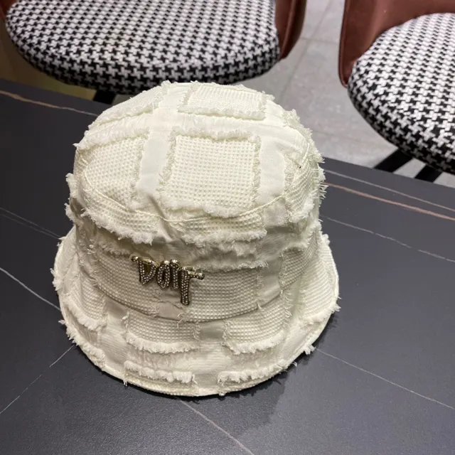 Dior Bege Branco Têxtil Texturizado Desfiado Borda Crua Brim Chapéu de Balde 4