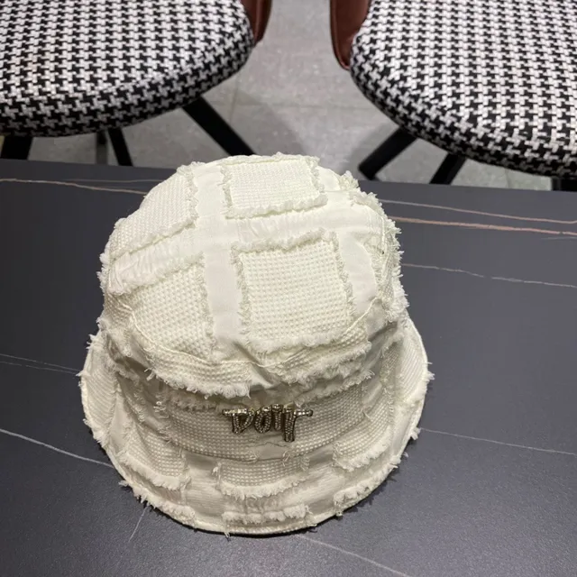Dior Bege Branco Têxtil Texturizado Desfiado Borda Crua Brim Chapéu de Balde 5