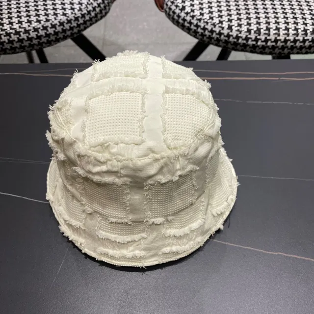 Dior Bege Branco Têxtil Texturizado Desfiado Borda Crua Brim Chapéu de Balde 6