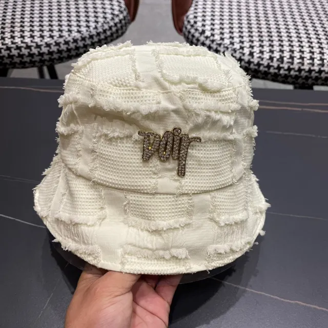 Dior Bege Branco Têxtil Texturizado Desfiado Borda Crua Brim Chapéu de Balde 7