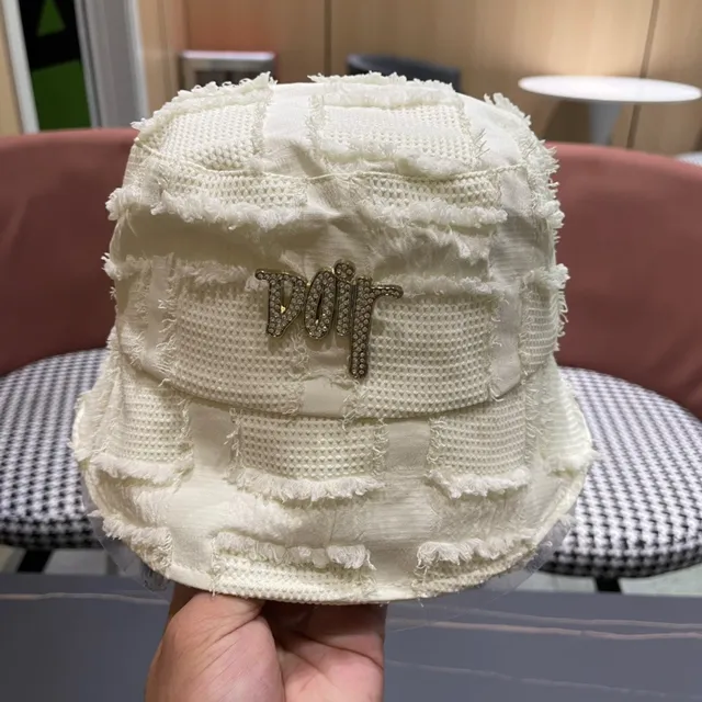 Dior Bege Branco Têxtil Texturizado Desfiado Borda Crua Brim Chapéu de Balde 8