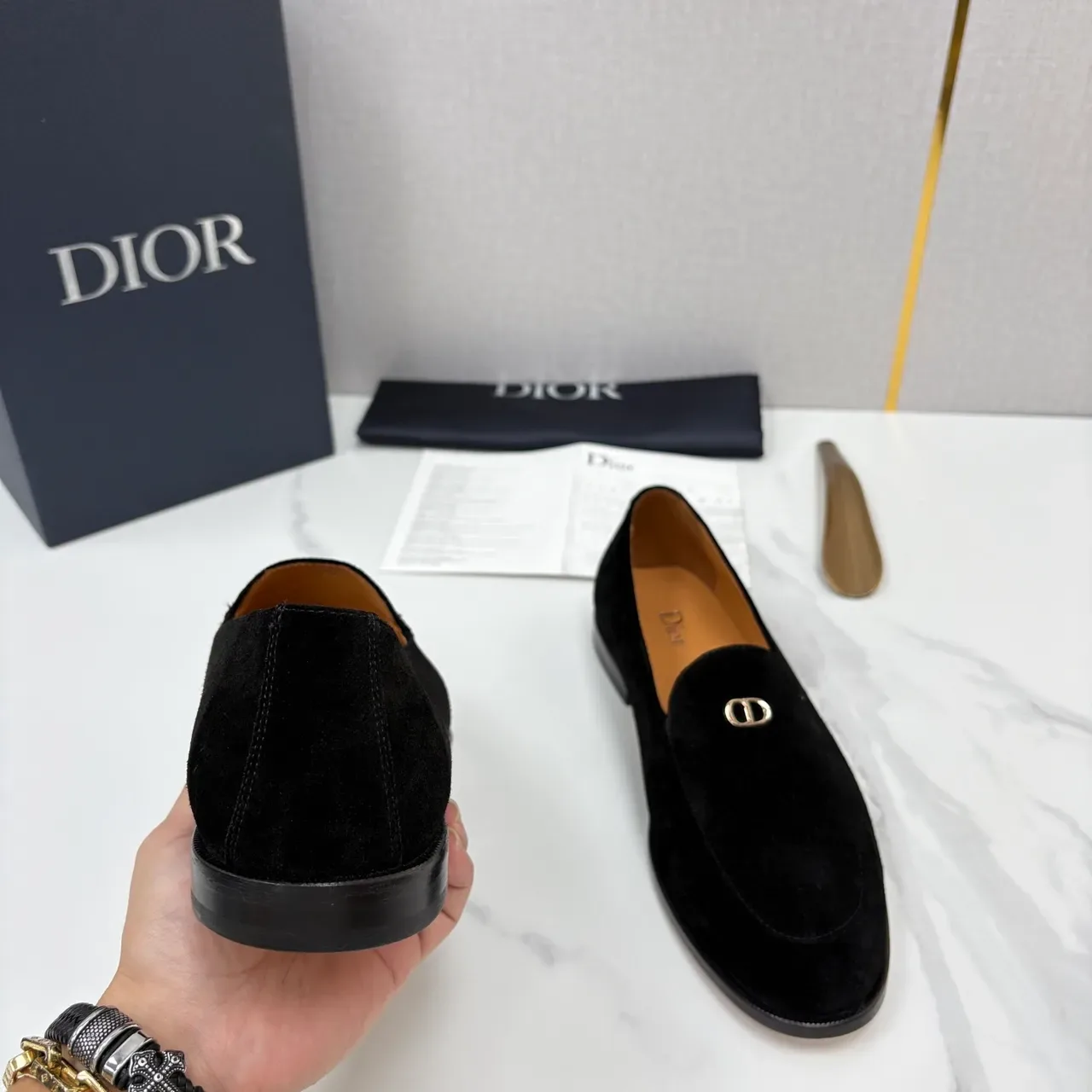 Dior Preto Marrom Veludo Metal D-Logo Loafer 4