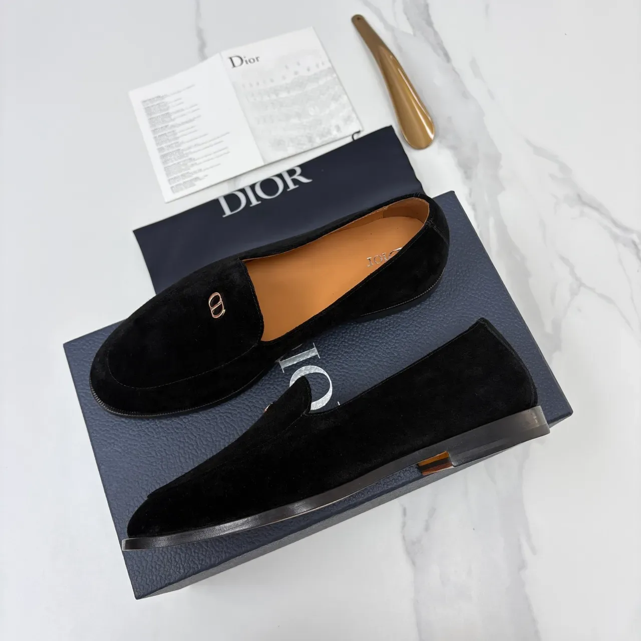 Dior Preto Marrom Veludo Metal D-Logo Loafer 5