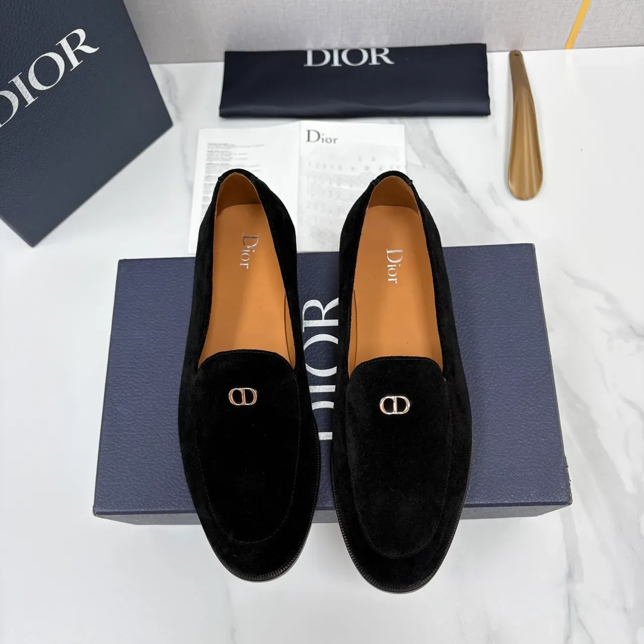 Dior Preto Marrom Veludo Metal D-Logo Loafer 6