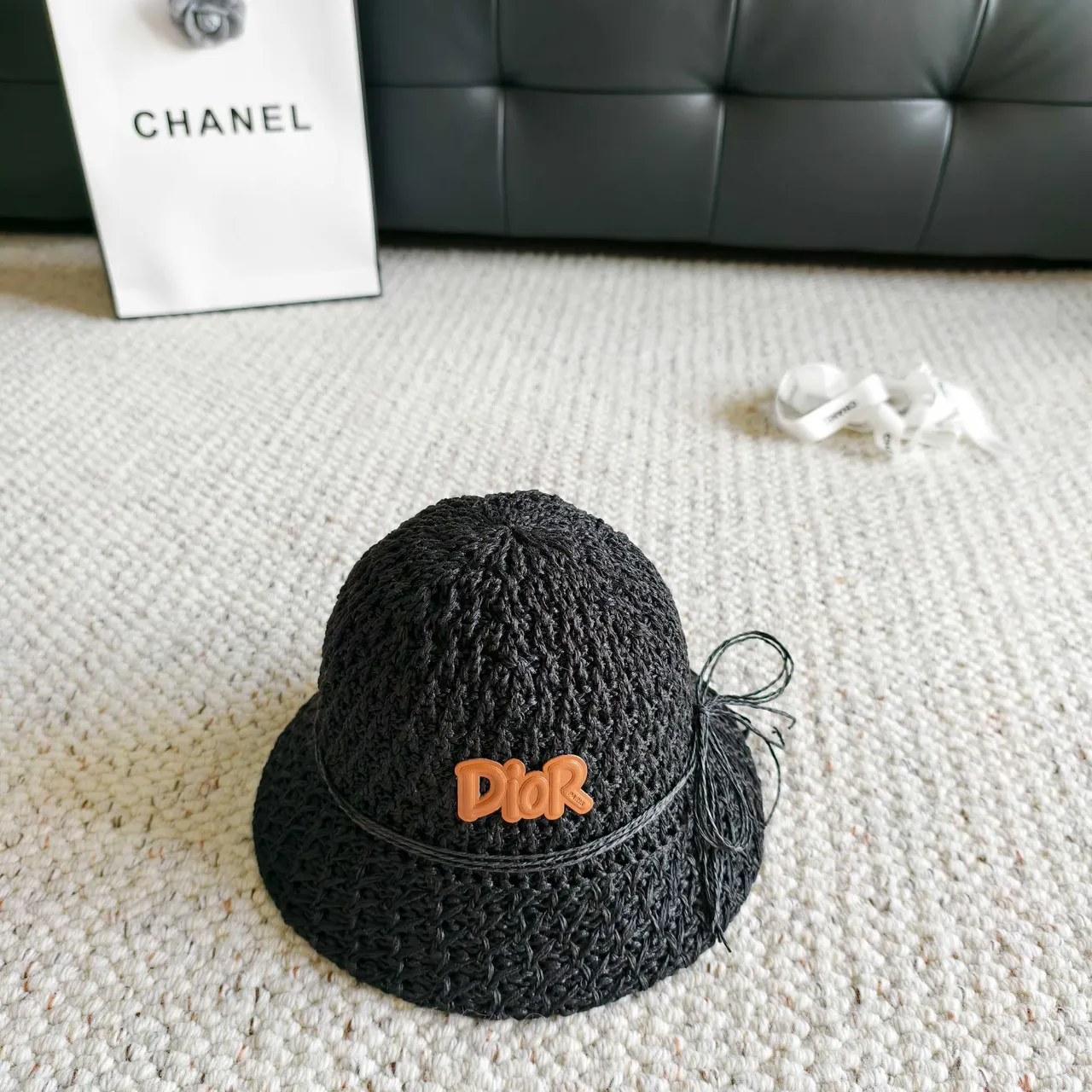 Dior Black Orange Woven Raffia-Like Texture Embroidered Logo Bucket Hat 8