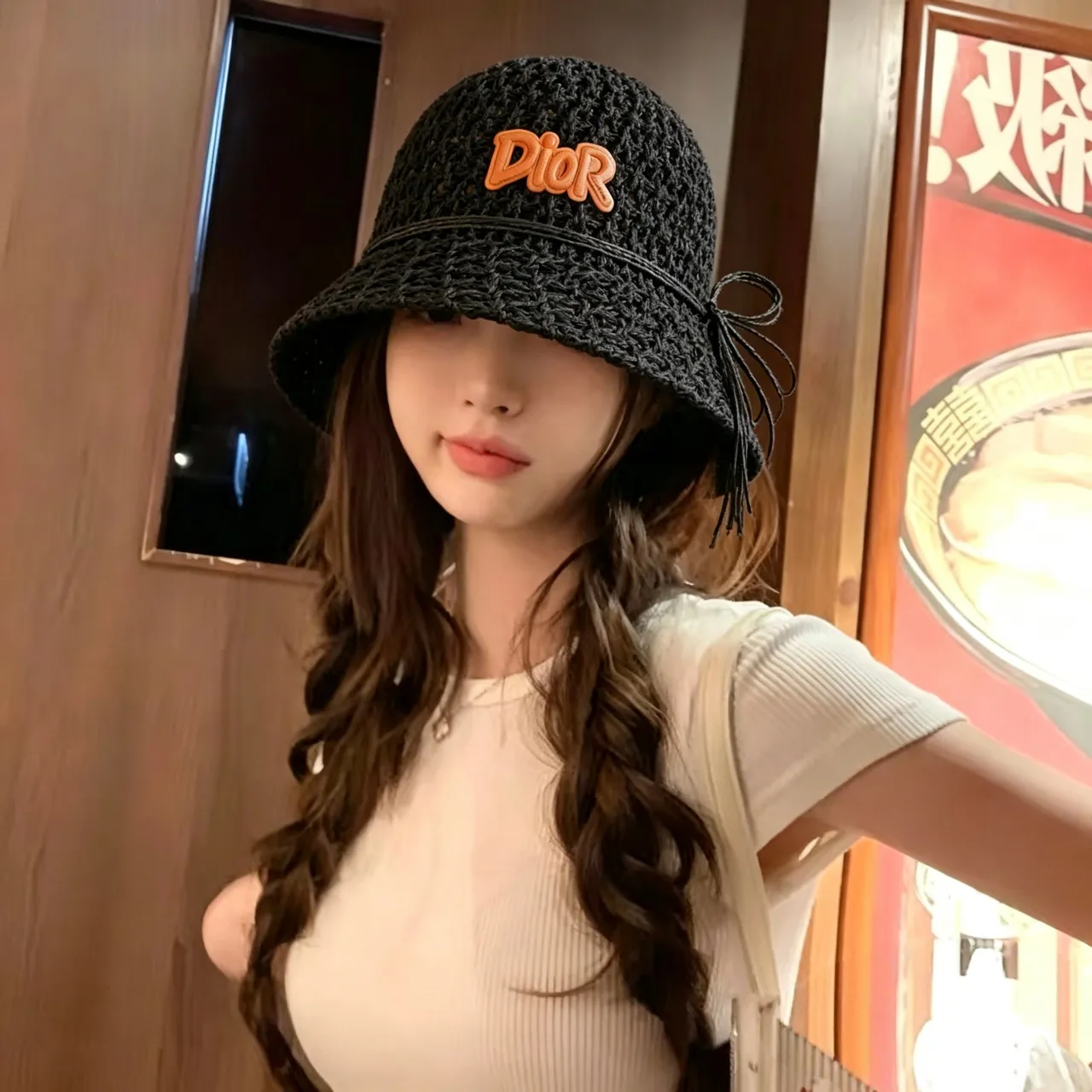 Dior Black Orange Woven Raffia-Like Texture Embroidered Logo Bucket Hat 9