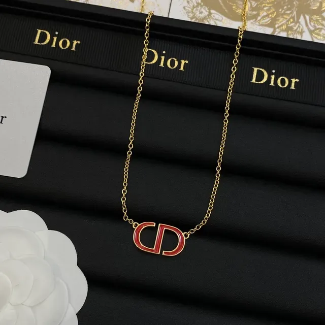 Dior CD Logo Red Gold Chain Enamel Necklace 7