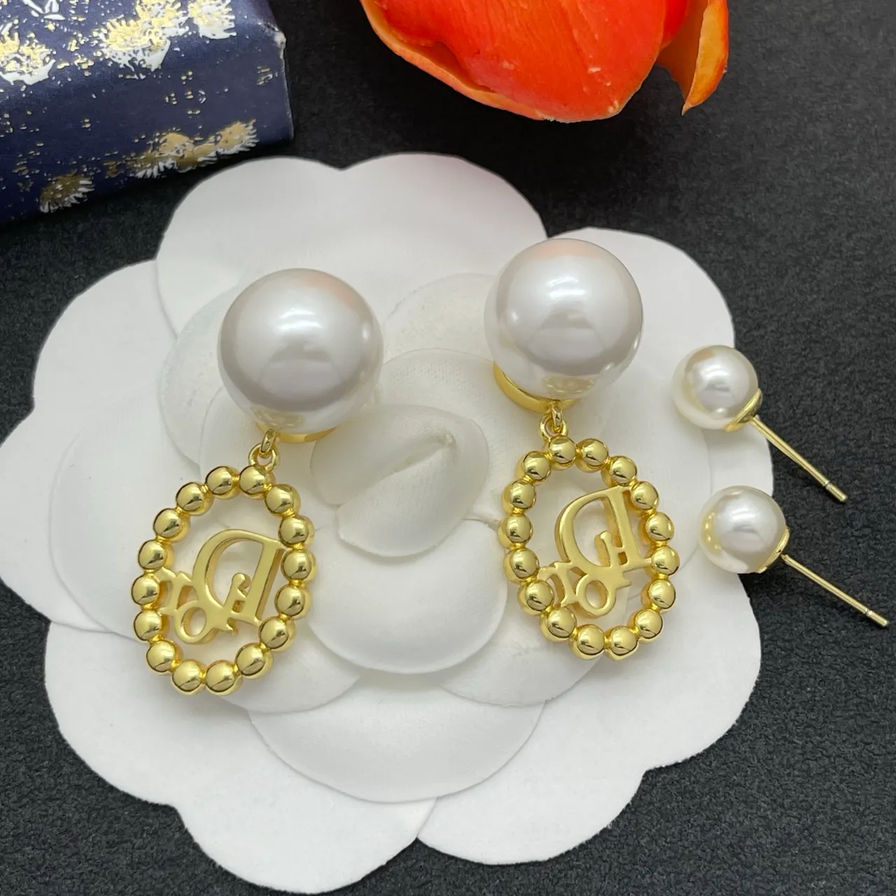 Dior Gold White Pearl Stud Earrings 3