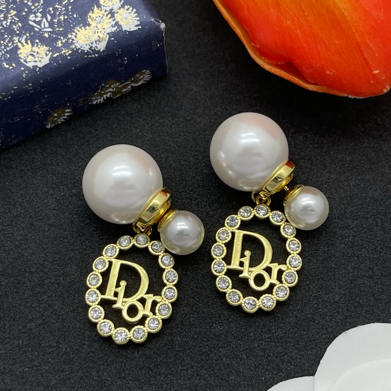 Dior Gold White Pearl Stud Earrings 7