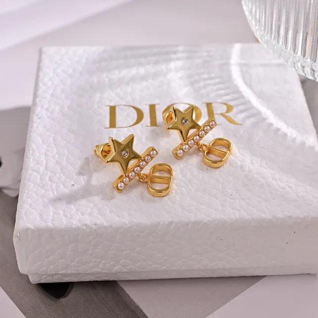 Dior Gold White Star Motif Earrings 3