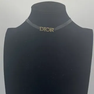 迪奥 Logo Choker 黑色丝带 金色调 项链