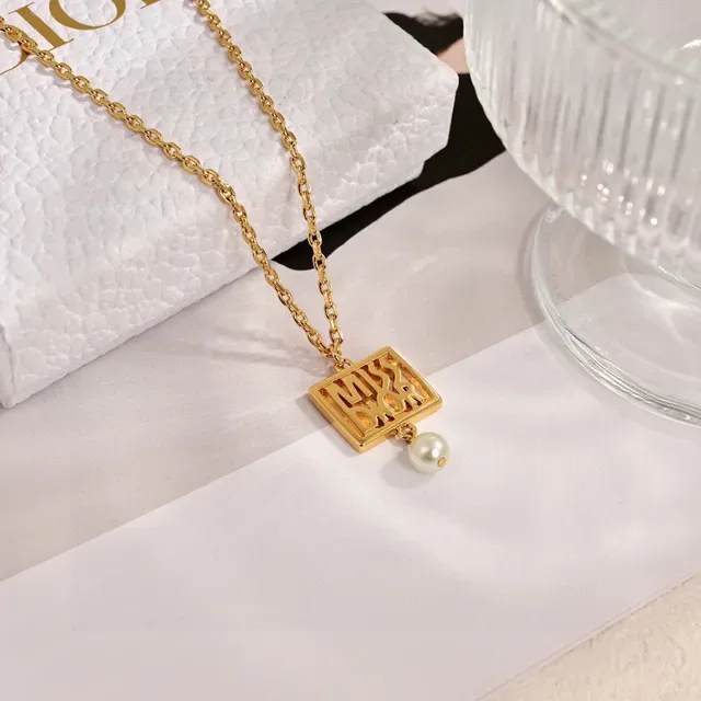 Dior Miss Gold White Chain Square Cutout Pendant Necklace 2