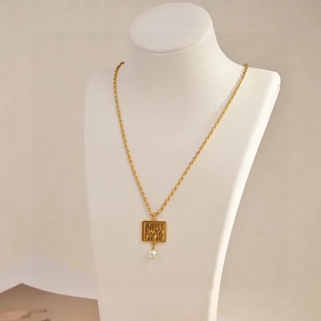 Dior Miss Gold White Chain Square Cutout Pendant Necklace 3