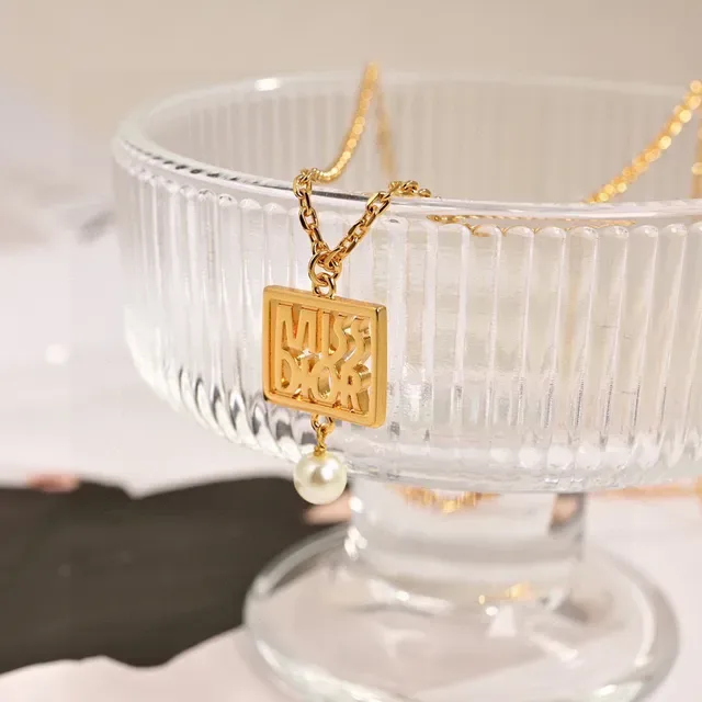 Dior Miss Gold White Chain Square Cutout Pendant Necklace 5
