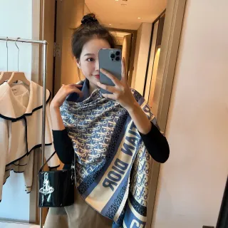 Dior Oblique Navy Beige Monogram Print Bold Lettering Band Shawl