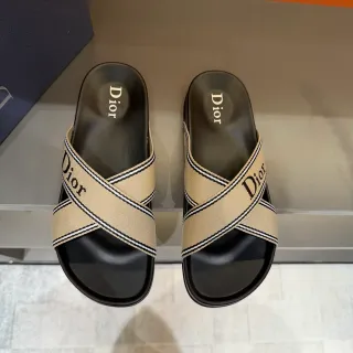 Dior Slide Beige y Negro Logo-Print Correa Trenzada