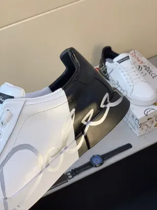 Dolce & Gabbana Portofino Blanco Negro Cuero Superior Contrafuerte Talón Zapatillas Lifestyle 4