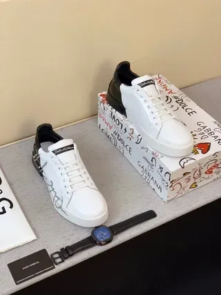 Dolce & Gabbana Portofino Blanco Negro Cuero Superior Contrafuerte Talón Zapatillas Lifestyle 5