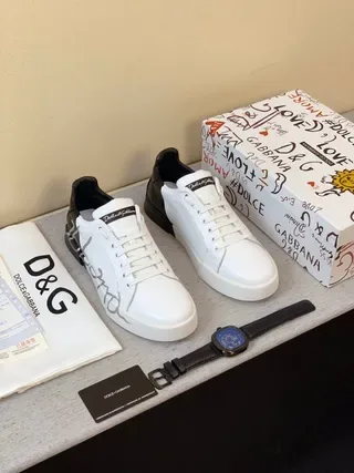 Dolce & Gabbana Portofino Blanco Negro Cuero Superior Contrafuerte Talón Zapatillas Lifestyle 6