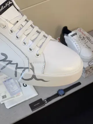 Dolce & Gabbana Portofino Blanco Negro Cuero Superior Contrafuerte Talón Zapatillas Lifestyle 7