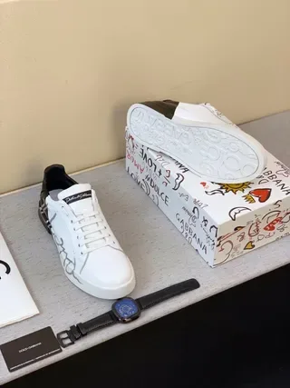 Dolce & Gabbana Portofino Blanco Negro Cuero Superior Contrafuerte Talón Zapatillas Lifestyle 8