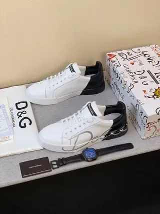 Dolce & Gabbana Portofino Blanco Negro Cuero Superior Contrafuerte Talón Zapatillas Lifestyle 9