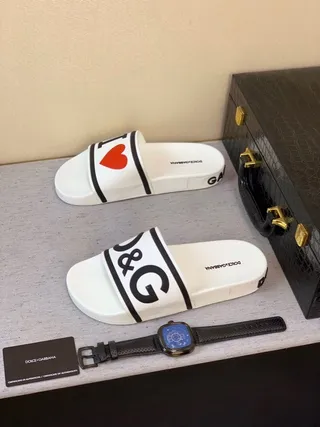 Dolce & Gabbana White Black Logo-Print Strap Rubber Sole Slippers 3