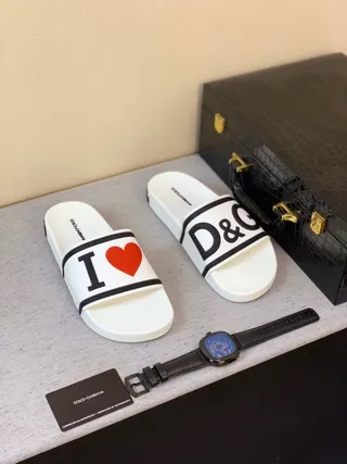 Dolce & Gabbana White Black Logo-Print Strap Rubber Sole Slippers 4