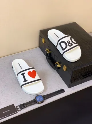 Dolce & Gabbana White Black Logo-Print Strap Rubber Sole Slippers 6