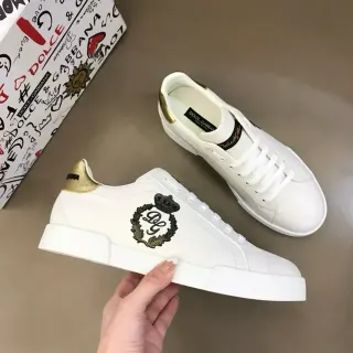 Dolce & Gabbana Ouro Branco Couro Superior Etiqueta Salto Metálico Tênis Lifestyle