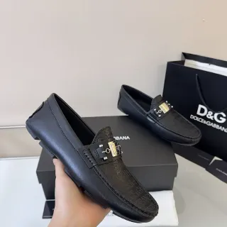 Dolce & Gabbana 黑色金色皮革压印 Logo 图案乐福鞋