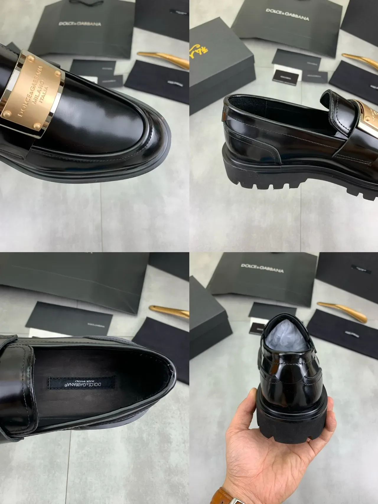 Dolce & Gabbana Portofino Preto Dourado Brilhante Couro Patentado Tira de Metal com Placa Loafer 2