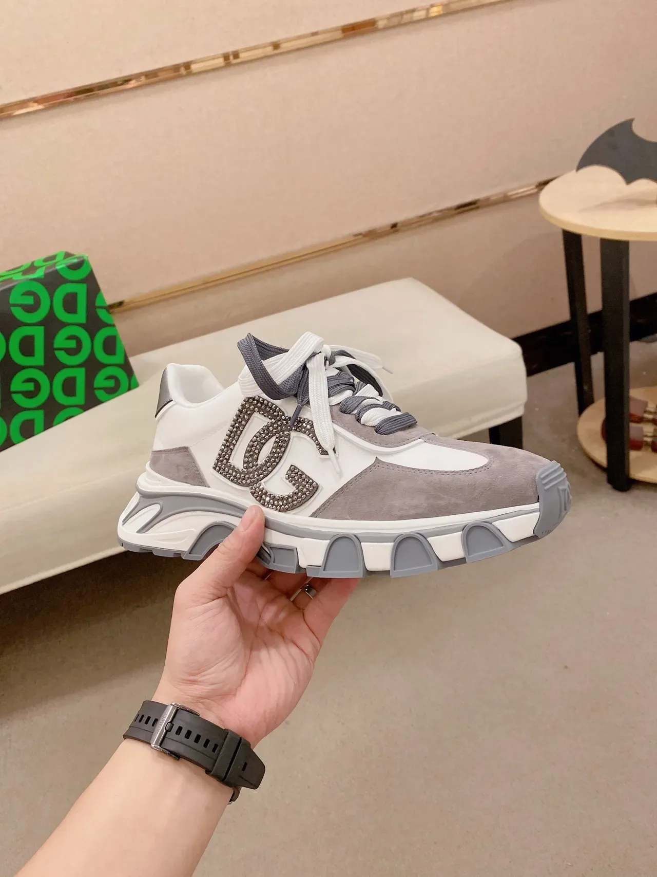 Dolce & Gabbana White Gray Sole Crystal-Embellished Logo Chunky Sneakers 4