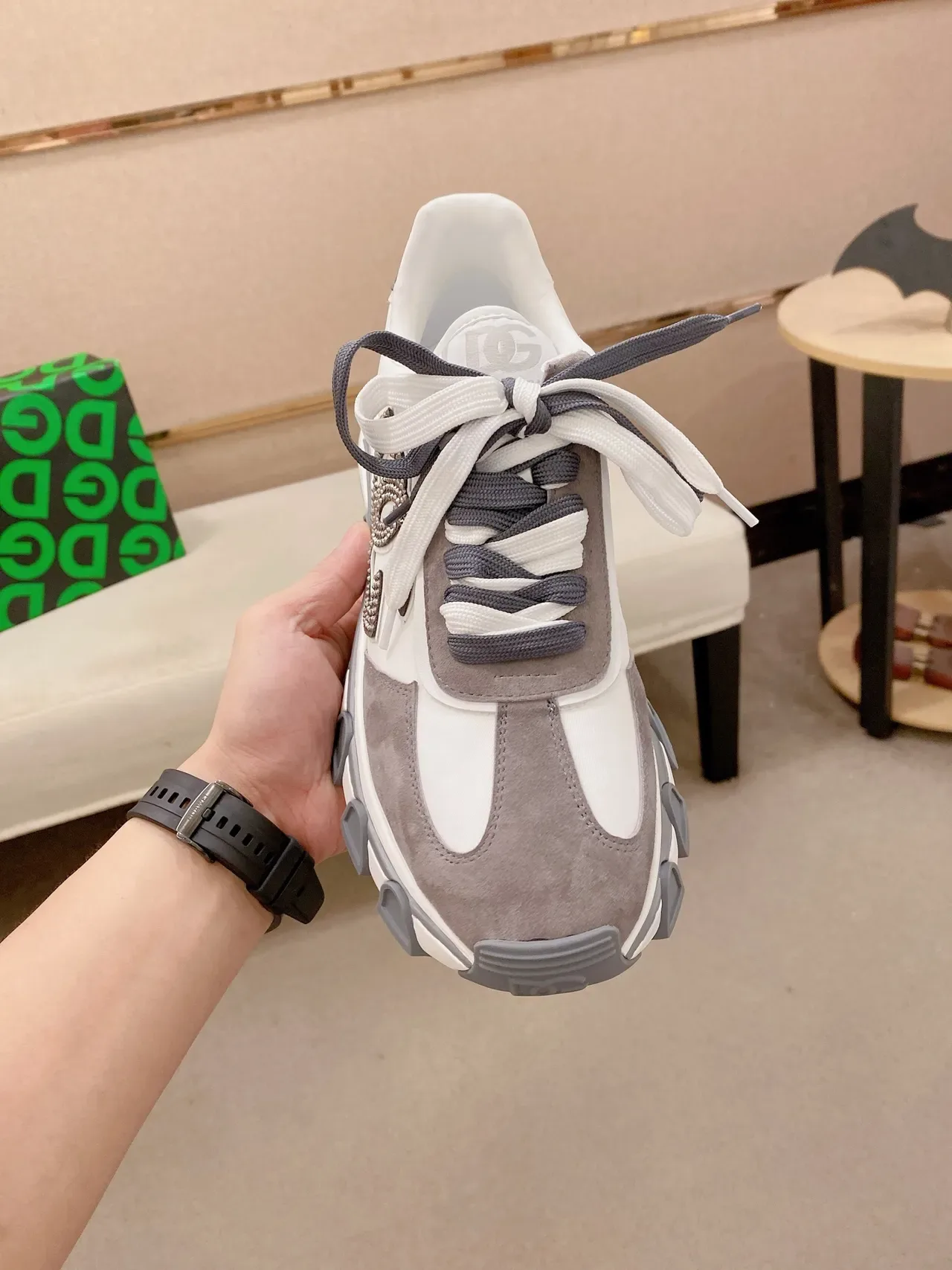 Dolce & Gabbana White Gray Sole Crystal-Embellished Logo Chunky Sneakers 5