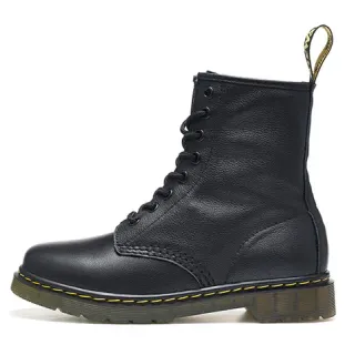 Dr. Martens 1460 काली चिकनी चमड़े की पीली सिलाई वाला मार्टिन जूते