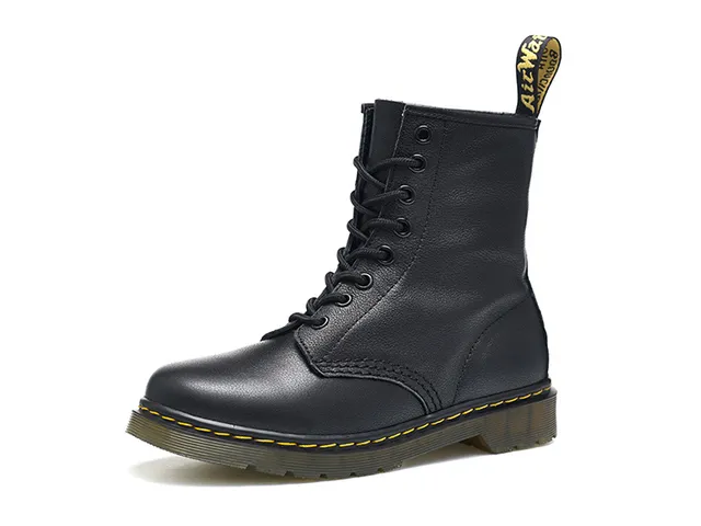 Dr. Martens 1460 Bottes Martin en cuir noir lisse à couture jaune 5