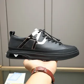 Emporio Armani Black Silver Leather Upper Metallic 'A' Overlay Sneakers
