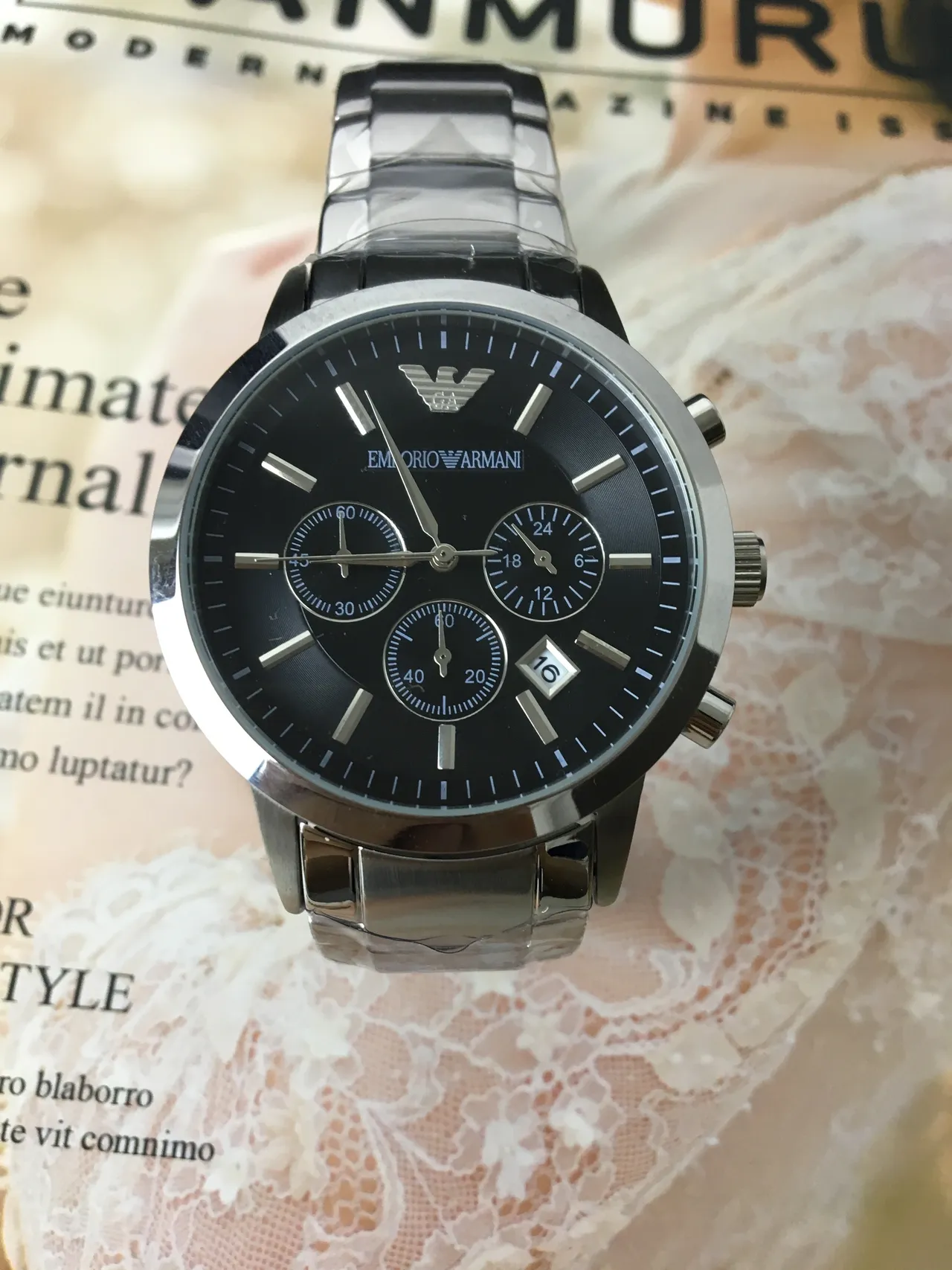 Emporio Armani ساعة كرونوغرافية بقرص أسود من الفولاذ المقاوم للصدأ ميكانيكية 7