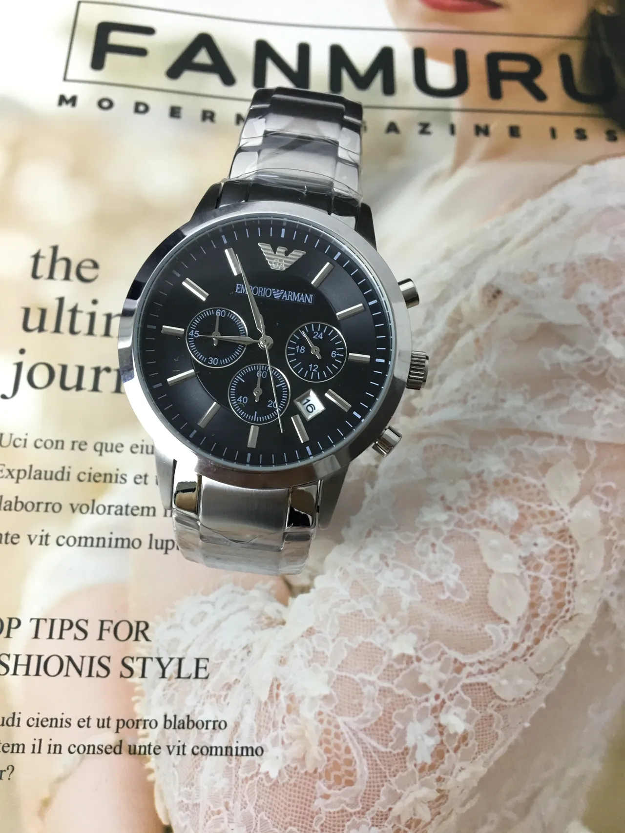 Emporio Armani ساعة كرونوغرافية بقرص أسود من الفولاذ المقاوم للصدأ ميكانيكية 8