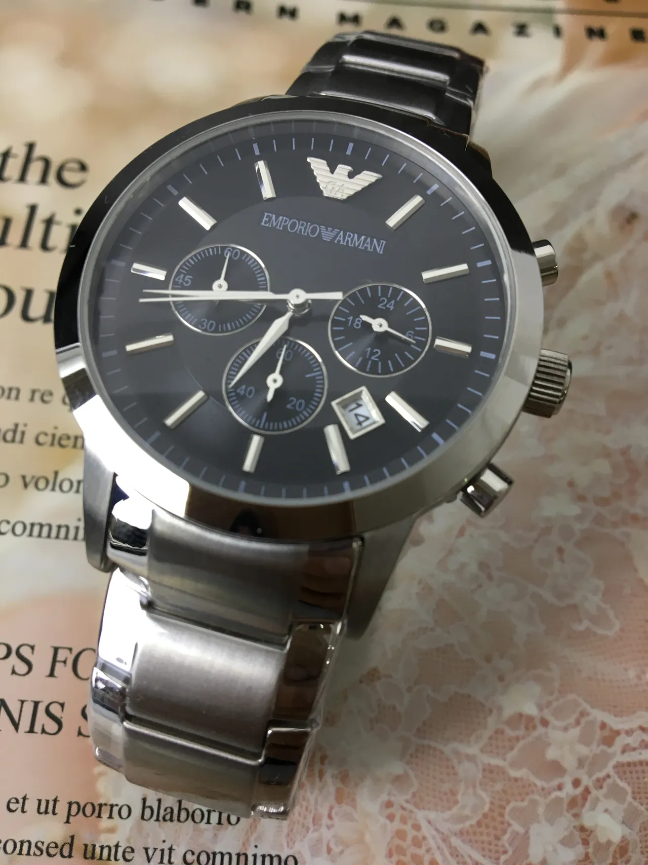 Emporio Armani ساعة كرونوغرافية بقرص أسود من الفولاذ المقاوم للصدأ ميكانيكية 12