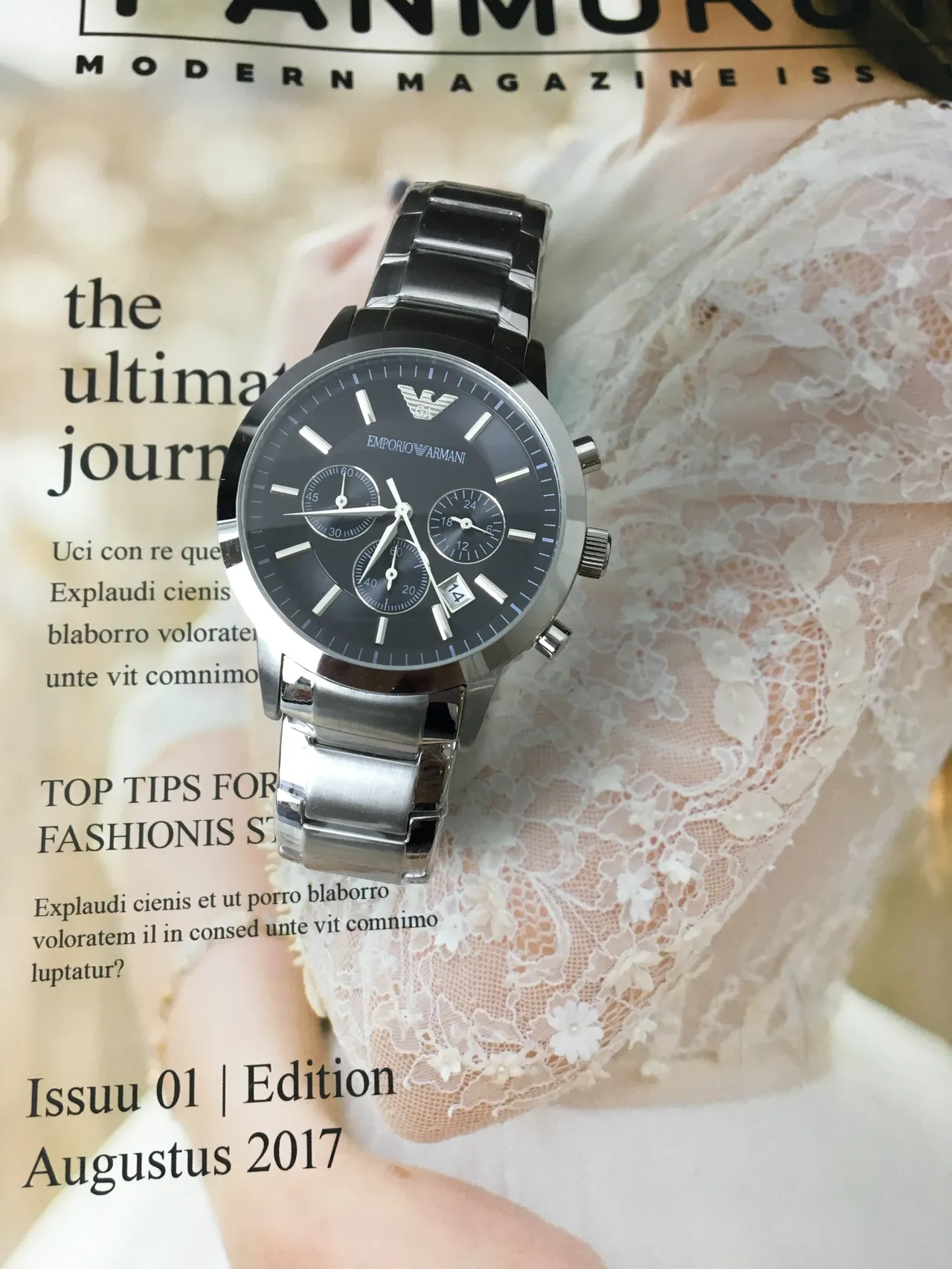 Emporio Armani ساعة كرونوغرافية بقرص أسود من الفولاذ المقاوم للصدأ ميكانيكية 13