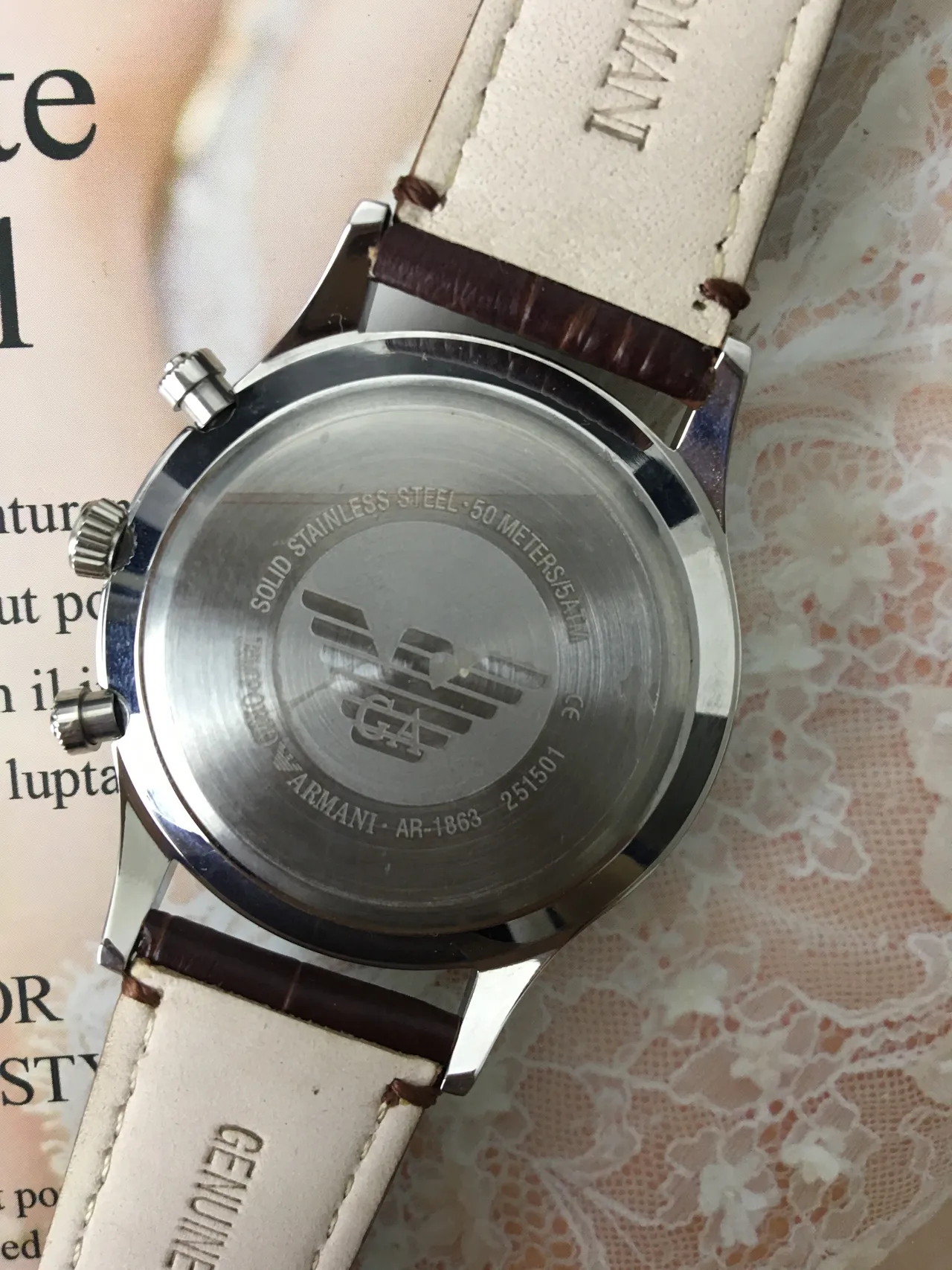 Emporio Armani كرونوغراف وجه أبيض حزام جلد بني ميكانيكية 3