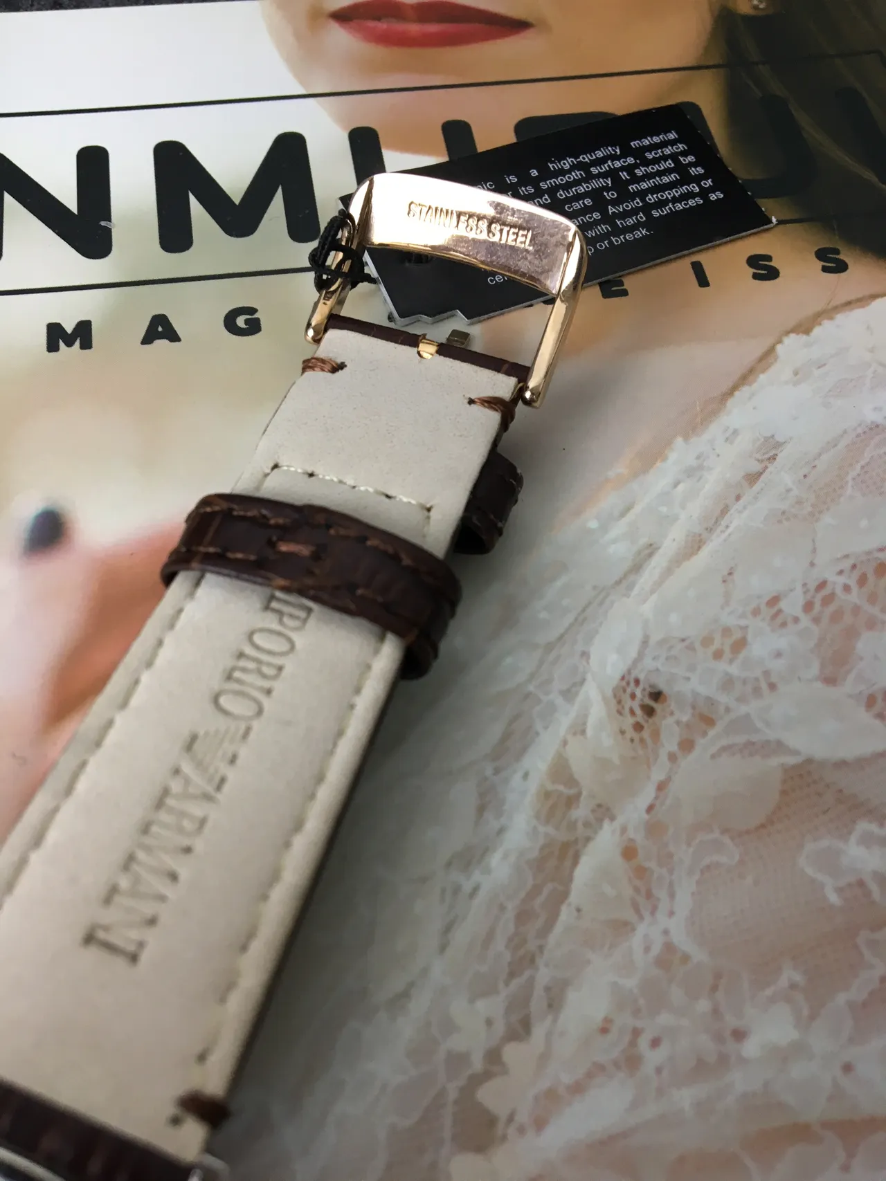Emporio Armani كرونوغراف وجه أبيض حزام جلد بني ميكانيكية 4