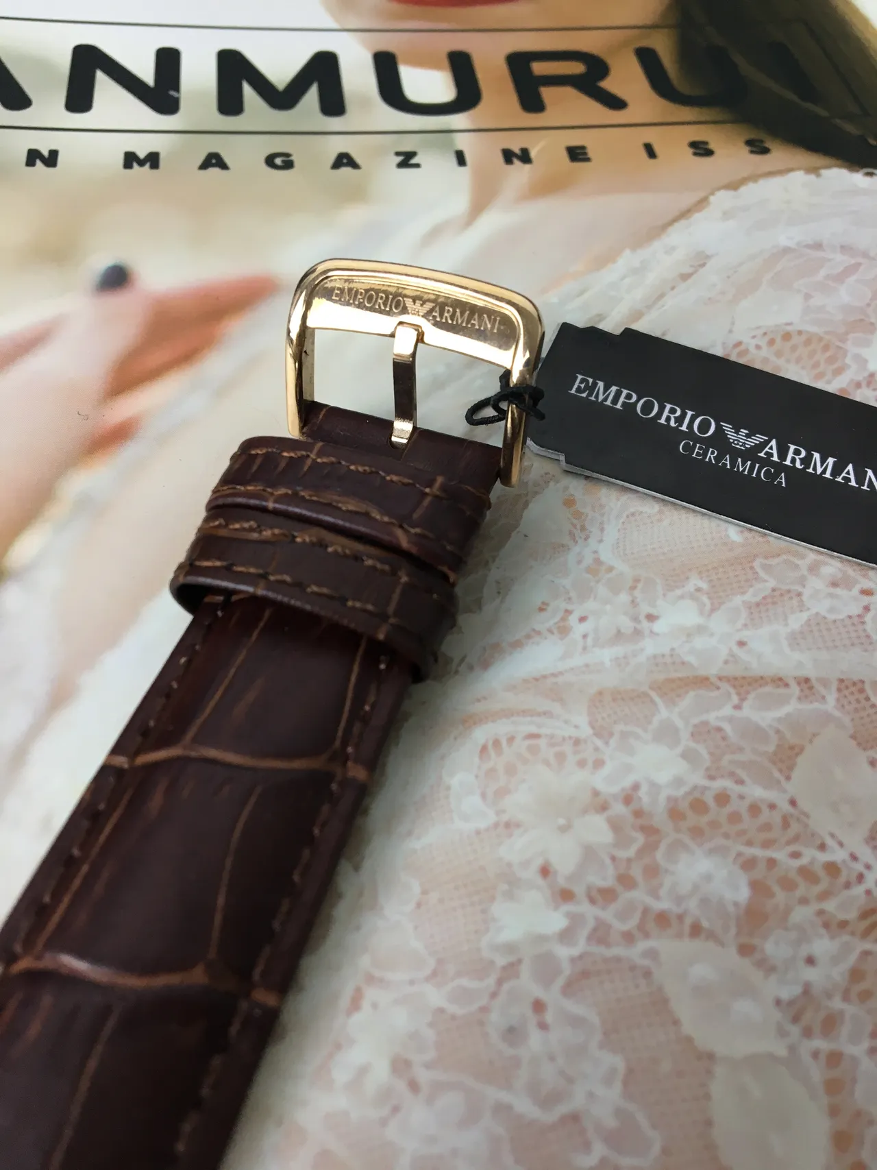 Emporio Armani كرونوغراف وجه أبيض حزام جلد بني ميكانيكية 6