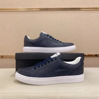 Emporio Armani Navy White चामड़ा উপরের খোদাই করা ঈগল লোগো জীবনধারা স্নিকার্স