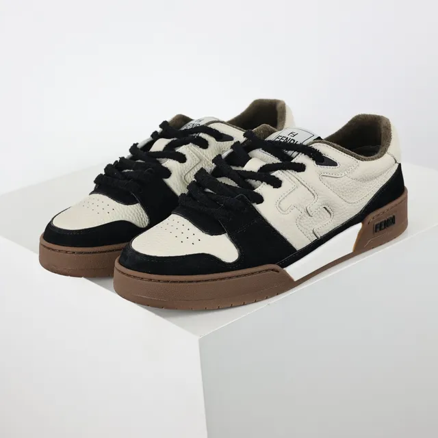 Fendi Beige Noir Cuir Et Daim Motif Embossé Côté Lifestyle Sneakers 2