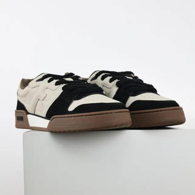 Fendi Beige Noir Cuir Et Daim Motif Embossé Côté Lifestyle Sneakers 3