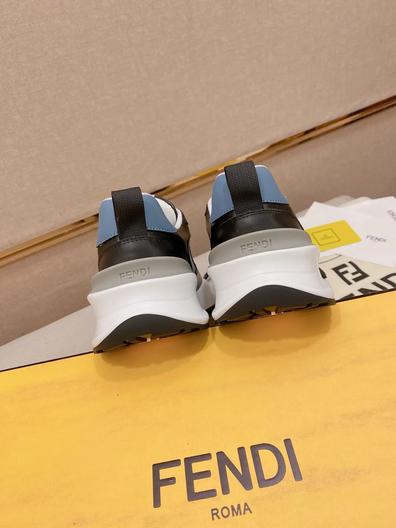 Fendi Black Blue Sculpted Sole Leather Upper Chunky Sneakers 3